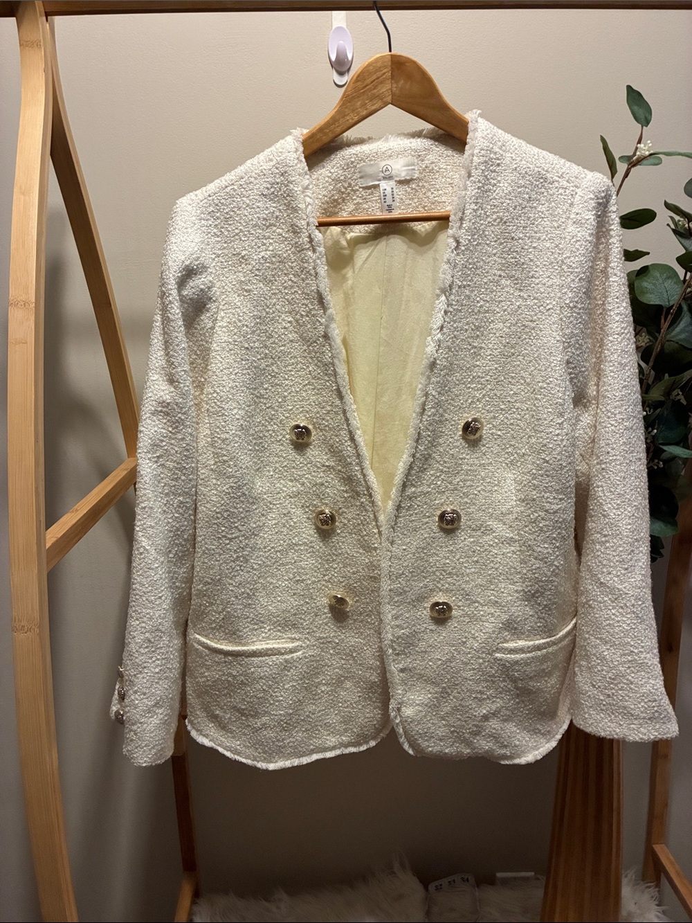 Cream Bouclé Double-Breasted Women's Blazer Jacket